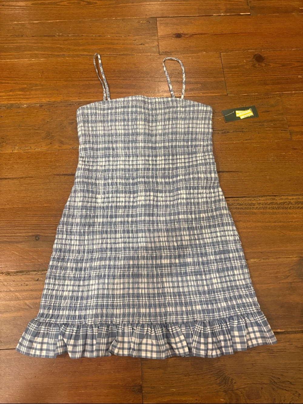 wild fable Blue & White Plaid Smocked Ruffle Mini Dress